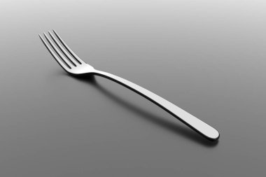 Gümüş çatal. Gri arka planda güzel çatal bıçak takımı. Masadaki tek çatal. Gölgeli gümüş eşyalar. 3B illüstrasyon.