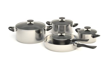 Beyaz arka planda paslanmaz çelik tencere ve tavalar. Beş mutfak gereçleri ve cam kapaklar. 3B illüstrasyon.