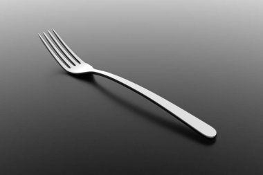 Gümüş çatal. Gri arka planda güzel çatal bıçak takımı. Masadaki tek çatal. Gölgeli gümüş eşyalar. 3B illüstrasyon.