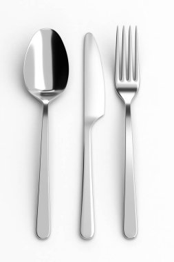 Çatal, kaşık ve bıçak. Fotoğraf gerçekçi üç boyutlu çizim. Çatal bıçak takımı, mutfak çatal bıçak takımı. Menüde kullanmak için, restoran yazdırılabilir tabloları, web sitesi.