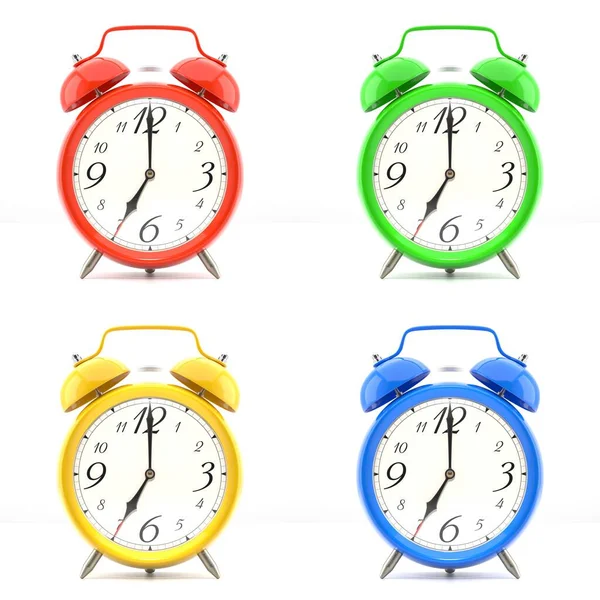 Set Sveglie Isolate Sfondo Bianco Orologio Rosso Blu Verde Giallo — Foto Stock