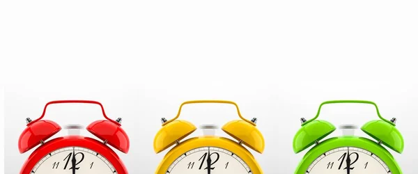 白い背景に隔離された3つの目覚まし時計のセット ヴィンテージスタイルの赤 緑の時計 チラシ ポスター 販売のためのグラフィックデザイン要素 締め切り 目を覚ます 幸せな時間の概念 3Dイラスト — ストック写真