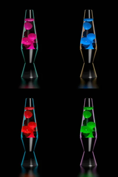 4つの溶岩ランプのセット Iesスタイルのコンセプト 反射と黒の背景にピンク 青と緑の溶岩ランプ チラシ ポスター 招待状のグラフィックデザイン要素 現実的な3Dイラスト — ストック写真