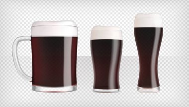 Three different dark beer glasses and mugs, with foam and bubbles, and use of transparency. Realistic vector illustration. clipart