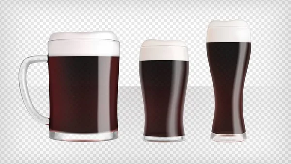 Tres Vasos Cerveza Oscura Diferentes Tazas Con Espuma Burbujas Uso — Vector de stock