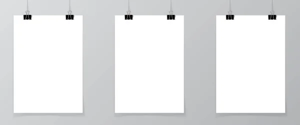 Set Blank Posters Hanging Thread Black Clipsagainst Wall Minimalistic Style — Stock Vector