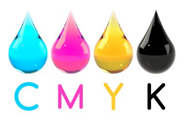 CMYK renk şeması ayarlandı. Cyan, morumsu, sarı, siyah damlalar beyaza sabitlenmiş. Poster, el ilanı, baskı kılavuzu, yazıcı mürekkebi paketleme için grafik tasarım ögesi. 3B illüstrasyon