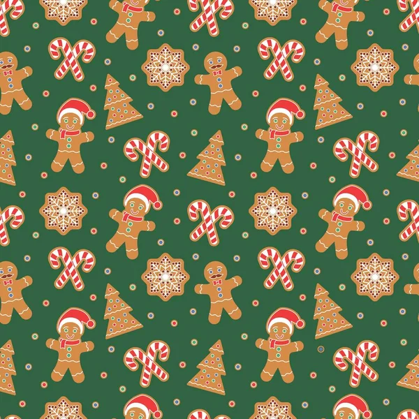 ジンジャーブレッドマンクッキーとクリスマスシームレスパターン 雪の結晶 クリスマスツリー キャンディーの杖 包装紙 プリント スクラップブッキングのためのグラフィックデザイン要素 ベクターイラスト — ストックベクタ