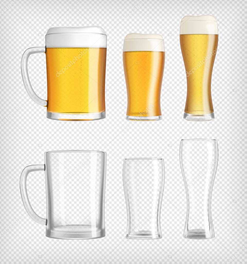 Three different lager beer glasses and mugs, with foam and bubbles, and three transparent empty glasses. Realistic vector illustration.