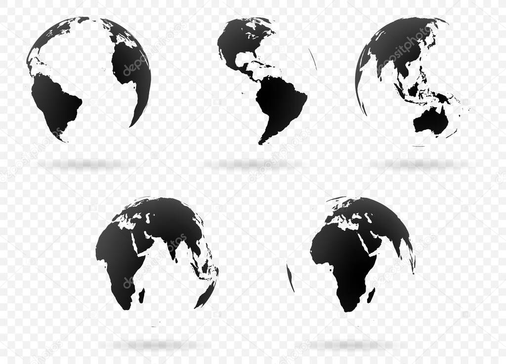 Set of Earth globe icon in different views. Highly detailed images of continents with transparent parts. Vector illustration