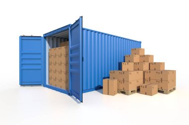 Kargo konteynırı yan görüntüsü ve karton kutular.