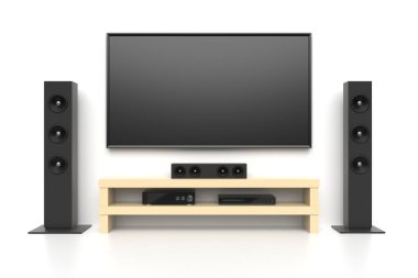Ev sineması seti, geniş lcd TV paneli, müzik hoparlörleri, video disk oynatıcı, amplifatör. Oturma odası iç mekan konsepti. 3B illüstrasyon