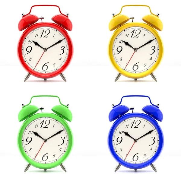 Set of 4 colorful alarm clocks — Stock Photo, Image