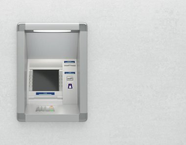 Kart okuyuculu bir ATM. Şifre güvenliği, banka hesap erişimi otomatik bankacılık, elektronik nakit çekme, konsept. Ekran, düğmeler, para makinesi, makbuz yazıcısı. 3B illüstrasyon