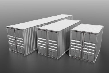 3 gemi kargo konteynırı seti 10 20 metre uzunluğunda. Gri arka planda gri metalik yük kutusu. Deniz lojistiği, liman deposu, gümrük, nakliye konsepti. 3B illüstrasyon