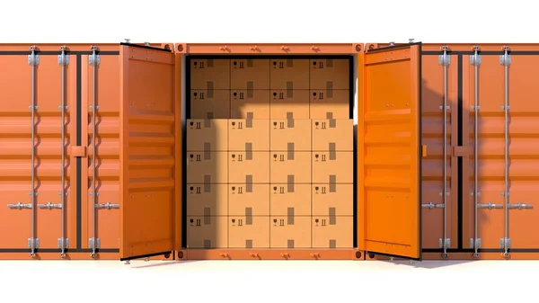 Ship Cargo Container Side View Open Doors Full Cardboard Boxes — Stock Photo, Image