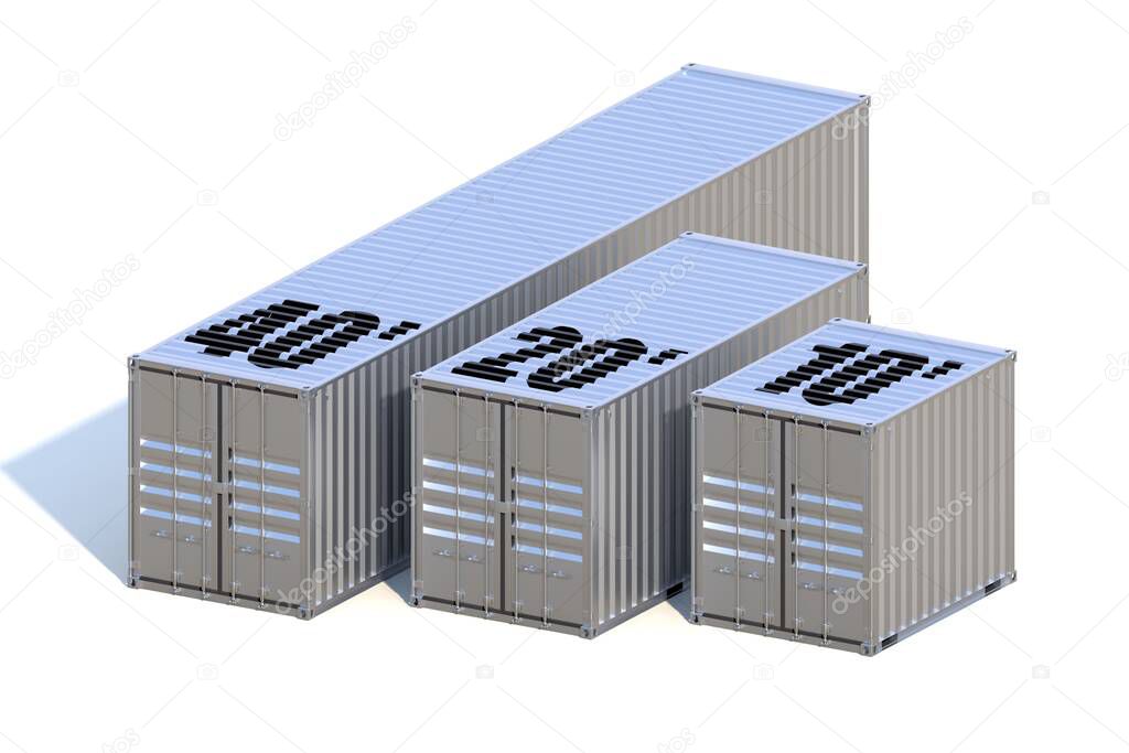 Set of 3 ship cargo containers 10 20 40 feet length. Grey freight box with shadow isolated on white background. Marine logistics, harbor warehouse, customs, transport shipping concept. 3D illustration
