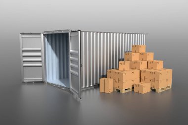 Gemi kargo konteynırının yan görüntüsü, açık kapılar, içi boş karton kutular. 3B illüstrasyon