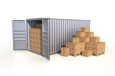 Gemi kargo konteynırının yan görüntüsü, açık kapılar, karton kutularla dolu. Paletin üzerinde karton kutular var. 3B illüstrasyon