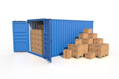 Gemi kargo konteynırının yan görüntüsü, açık kapılar, karton kutularla dolu. Paletin üzerinde karton kutular var. 3B illüstrasyon