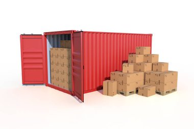 Gemi kargo konteynırının yan görüntüsü, açık kapılar, karton kutularla dolu. Paletin üzerinde karton kutular var. 3B illüstrasyon