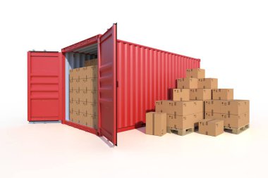 Gemi kargo konteynırının yan görüntüsü, açık kapılar, karton kutularla dolu. Paletin üzerinde karton kutular var. 3B illüstrasyon