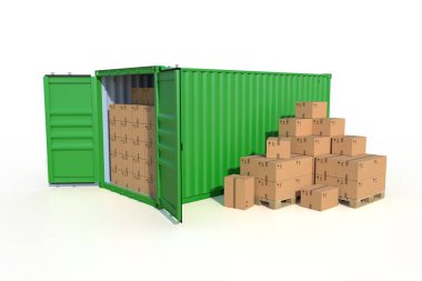 Gemi kargo konteynırının yan görüntüsü, açık kapılar, karton kutularla dolu. Paletin üzerinde karton kutular var. 3B illüstrasyon