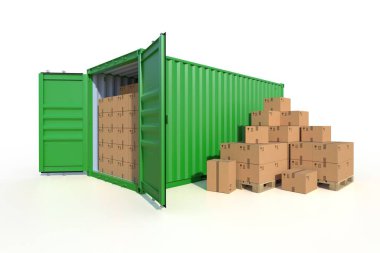 Gemi kargo konteynırının yan görüntüsü, açık kapılar, karton kutularla dolu. Paletin üzerinde karton kutular var. 3B illüstrasyon