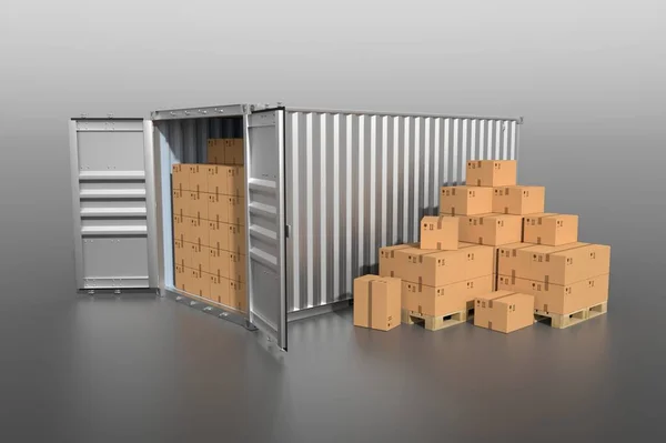 Navire Cargo Conteneur Vue Latérale Portes Ouvertes Pleines Boîtes Carton — Photo