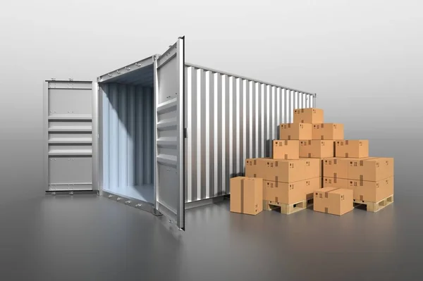 Ship Cargo Container Side View Open Doors Empty Pile Cardboard — Stock Photo, Image