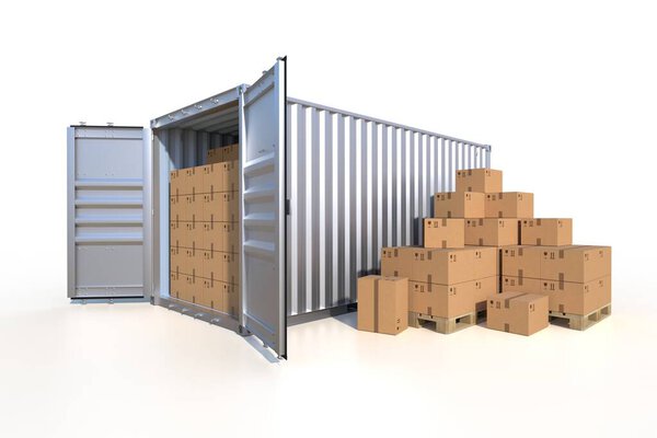 Судовой грузовой контейнер вид сбоку, открытые двери, полные картонных коробок. Куча картонных коробок на поддоне. 3D иллюстрация