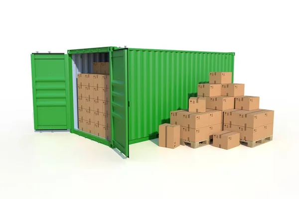 Vedere Laterală Containerului Marfă Uși Deschise Pline Cutii Carton Grămadă — Fotografie, imagine de stoc