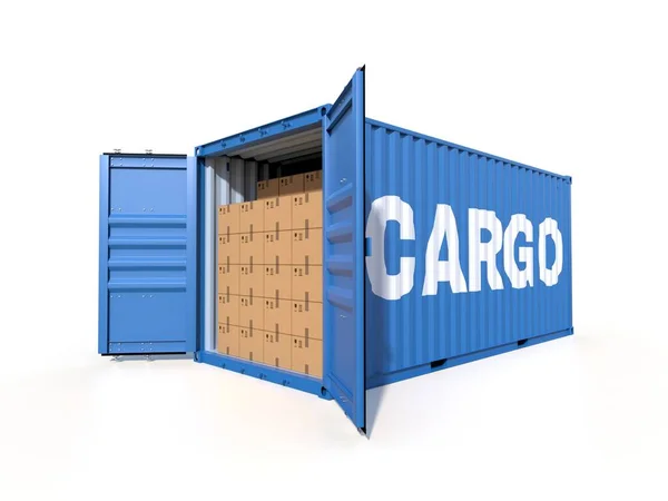 船用集装箱侧面印有 Cargo 有敞开的门 装满纸板箱 白色背景隔离 3D插图 — 图库照片