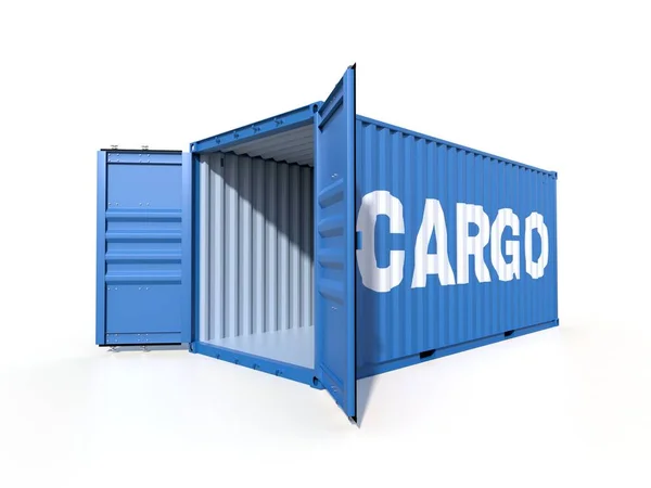 Prázdný Lodní Kontejner Slovem Cargo Boku Otevřenými Dveřmi Izolovaný Bílém — Stock fotografie