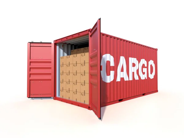 Ship Cargo Container Side View Open Doors Full Cardboard Boxes — Stock Photo, Image