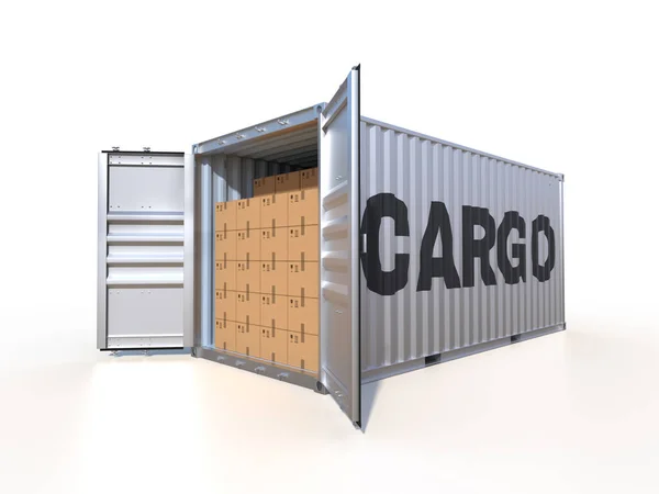 Ship Container Word Cargo Side Open Doors Full Cardboard Boxes — Stock Photo, Image