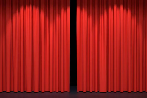 Kırmızı sahne perdeleri. Lüks kırmızı kadife perdeler, ipek kumaşlar. Gerçekçi, kapalı sinema perdesi. Gösteri, film sonu, yeni ürün, prömiyer, pazarlama konsepti. 3B illüstrasyon