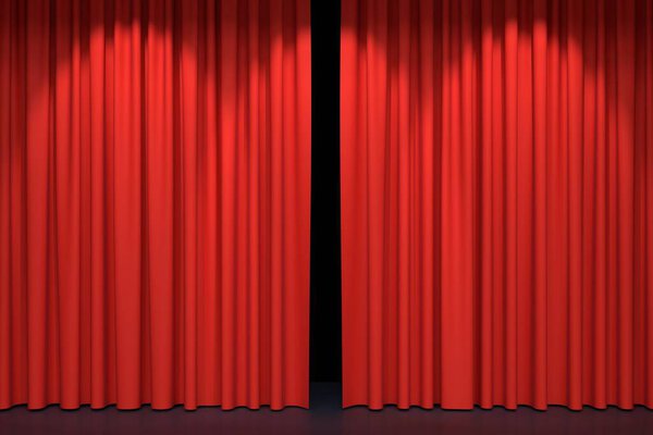 Красные занавески. Роскошные красные бархатные шторы, шелковые шторы. Реалистичный закрытый театральный занавес. Ожидание показа, окончания фильма, открытия нового продукта, премьеры, маркетинговой концепции. 3D иллюстрация