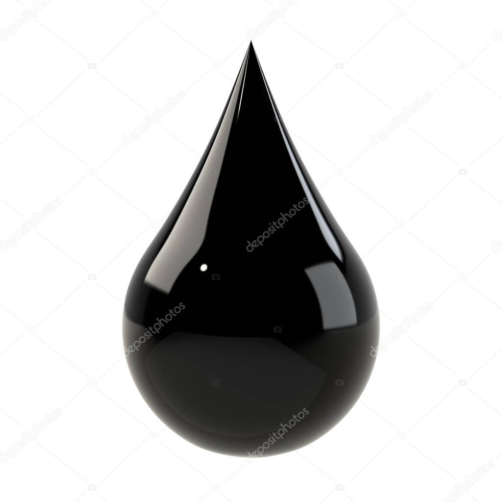 Black drop isolated on white. Oil drop or black ink concept. Graphic design element for poster, flyer, print manual, printer ink packaging. 3D illustration