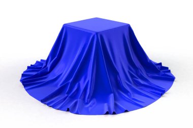 Kırmızı kumaşla kaplı bir kutu. Beyaz arka planda izole edilmiş. Sürpriz, ödül, ödül, sunum konsepti. Gösteri salonu standı. Gizli bir nesneyi ortaya çıkar. Perdeyi kaldır. Fotoğraf gerçekçi 3D illüstrasyon.