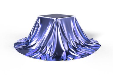 Altın kumaşla kaplı bir kutu. Beyaz arka planda izole edilmiş. Sürpriz, ödül, ödül, sunum konsepti. Gösteri salonu standı. Gizli bir nesneyi ortaya çıkar. Perdeyi kaldır. Fotoğraf gerçekçi 3D illüstrasyon.