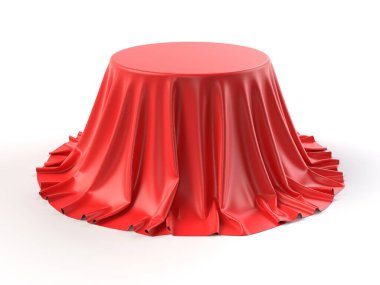 Kırmızı kumaşla kaplı yuvarlak kutu beyaz arka planda izole edilmiş. Sürpriz, ödül, ödül, sunum konsepti. Gösteri salonu standı. Gizli bir nesneyi ortaya çıkar, perdeyi kaldır. 3B gerçekçi illüstrasyon