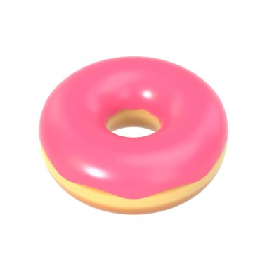 Pembe kremalı ve şekerli lezzetli renkli donut. Beyaz arka planda izole edilmiş tatlı Amerikan tatlısının makro görüntüsü. Pastane broşürü, poster ve albüm için grafiksel tasarım öğesi. 3B illüstrasyon.