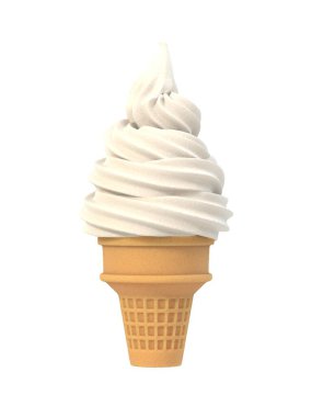Waffle külahında vanilyalı dondurma. Beyaz arka planda izole edilmiş. Lezzetli yaz tatlısı. Reklam, menü, hatıra defteri, poster ve broşür için grafik tasarım öğesi. 3B illüstrasyon