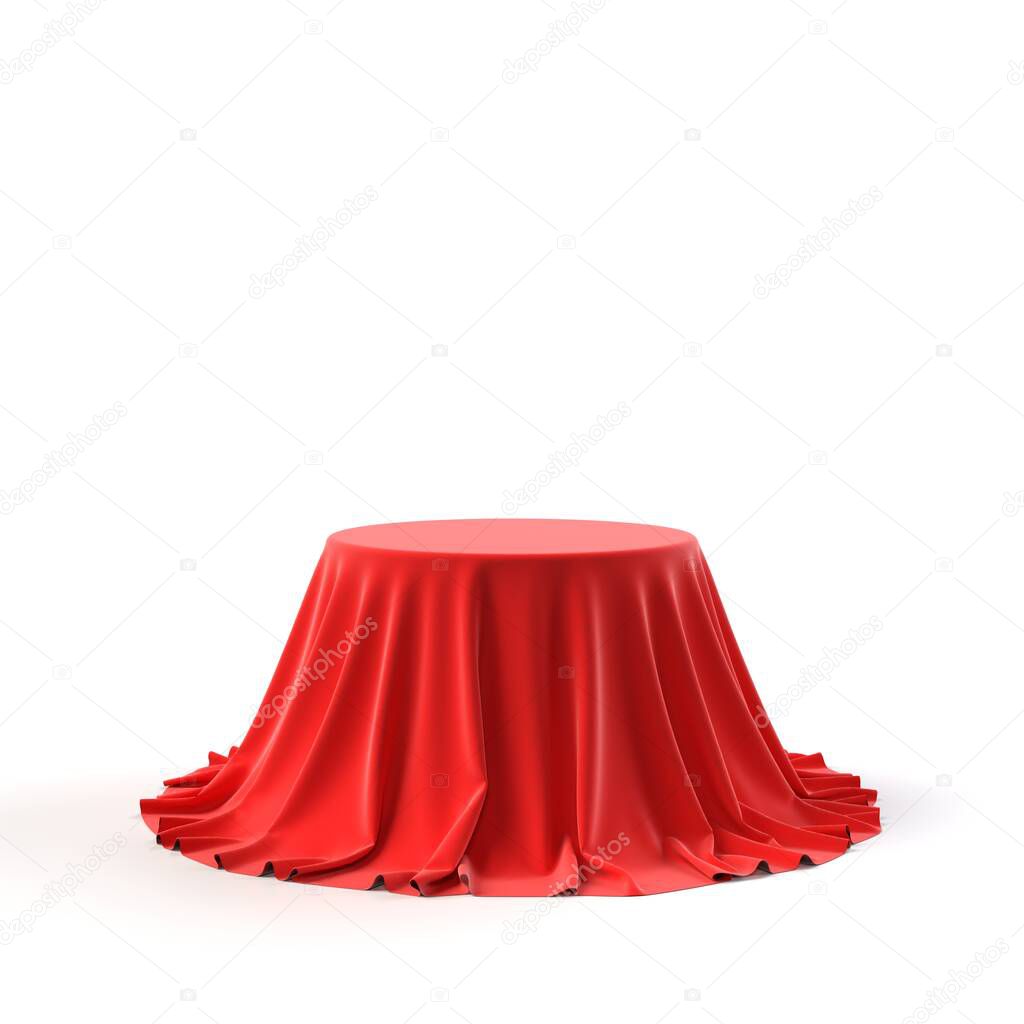 Round box covered with red fabric isolated on white background. Surprise, award, prize, presentation concept. Showroom stand. Reveal a hidden object, raise the curtain. 3D realistic illustration
