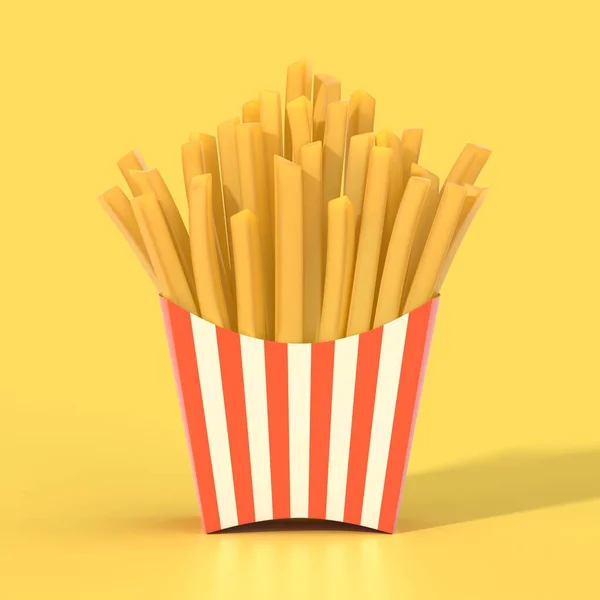 速食薯条在一个容器里 一般带条纹炸土豆片包黄色背景 餐厅广告 传单的平面设计元素 3D插图 — 图库照片