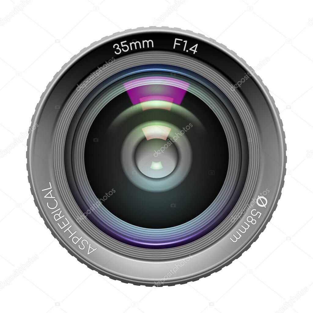 Highly detailed video or photo camera lens 35mm F1,4 close up image, isolated on white background. Vector illustration