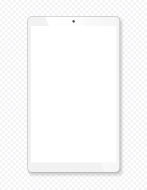 Gerçekçi tablet taşınabilir bilgisayar. Gölgeli çağdaş siyah cihaz, geniş formatta. Katalog için grafik tasarım ögesi, web sitesi, boş model, gösteri şablonu. Vektör illüstrasyonu.