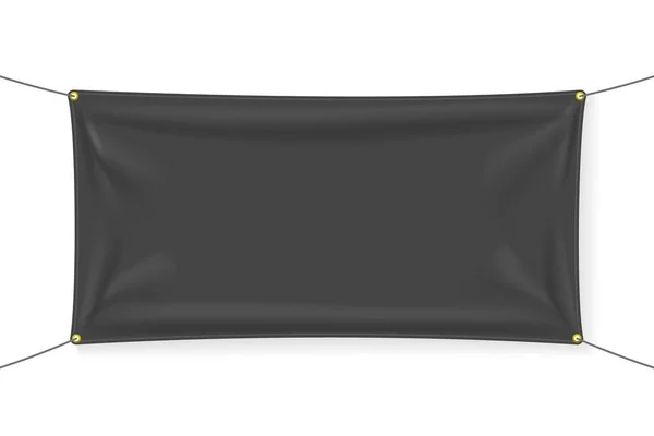 Bandiera Tessile Nera Con Pieghe Bianco Appeso Modello Tessuto Elementi — Vettoriale Stock