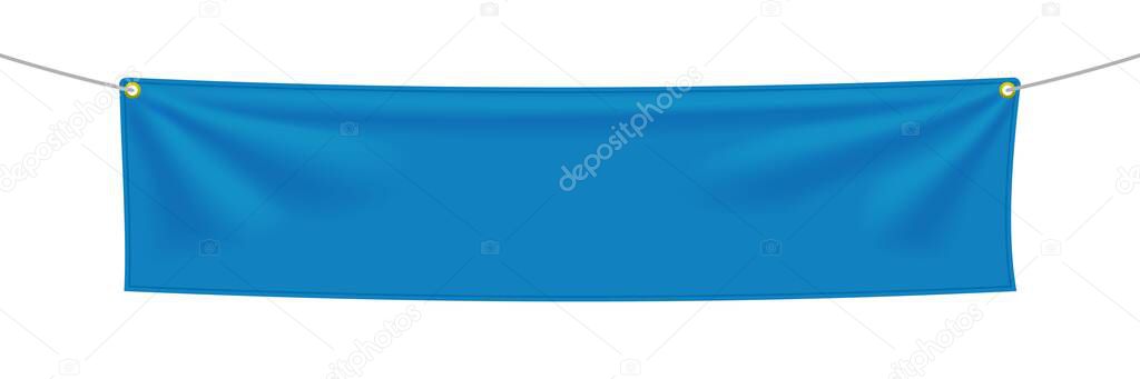 Blue textile banner with folds, isolated on white background. Blank hanging fabric template. Empty mockup. Vector illustration